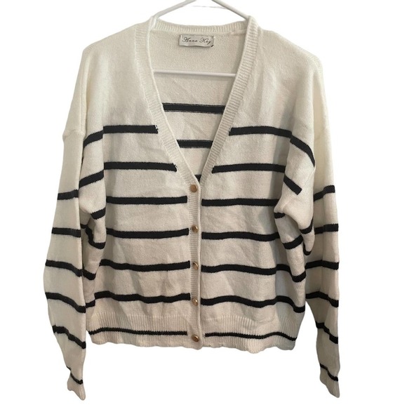 Anna Kay White Button Down Sweater W/Black Stripes & Gold Buttons - Picture 1 of 6